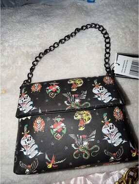 Ed Hardy Black Tattoo Print Kiss Clasp Coin Purse Evening Bag With Chain